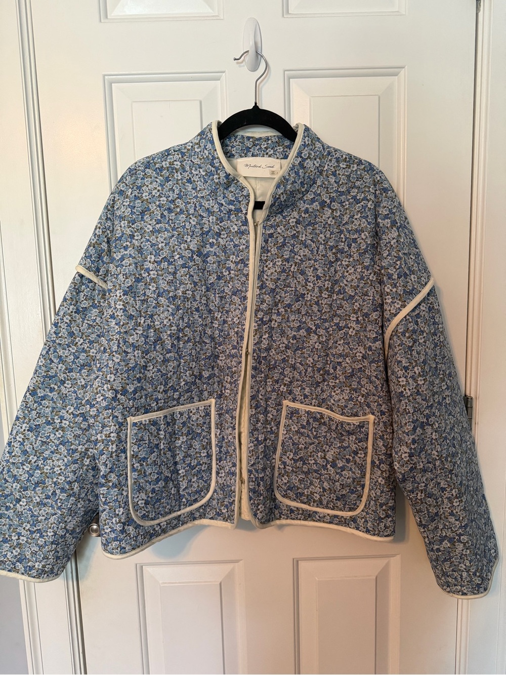 Mustard Seed Blue Floral Quilted Jacket with Cream Trim